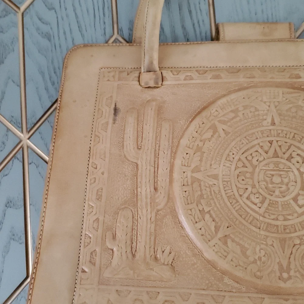 Vintage Beige Leather Mexican Satchel Bag